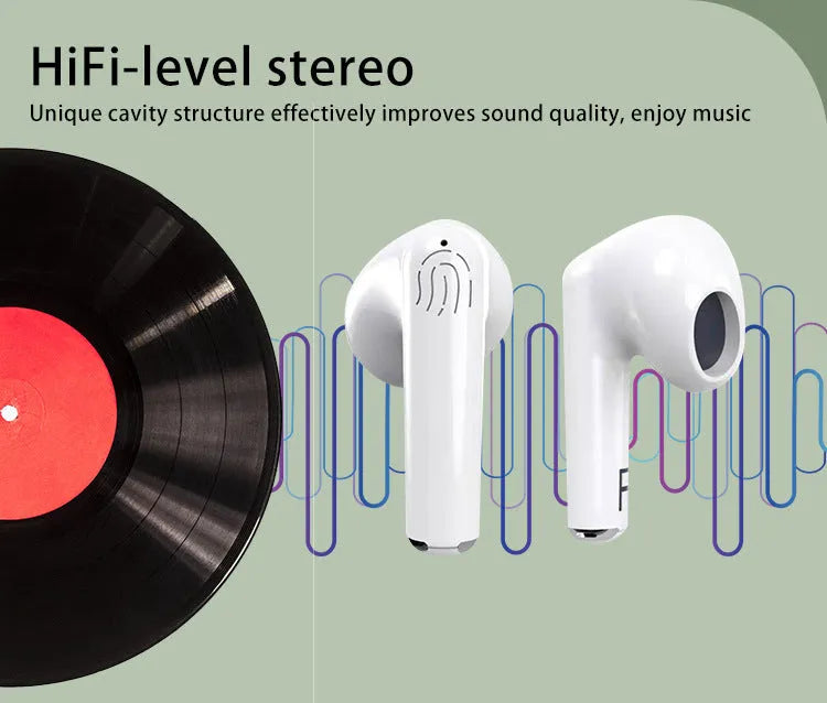 White wireless Bluetooth semi in-ear earphones with charging case on a white background.