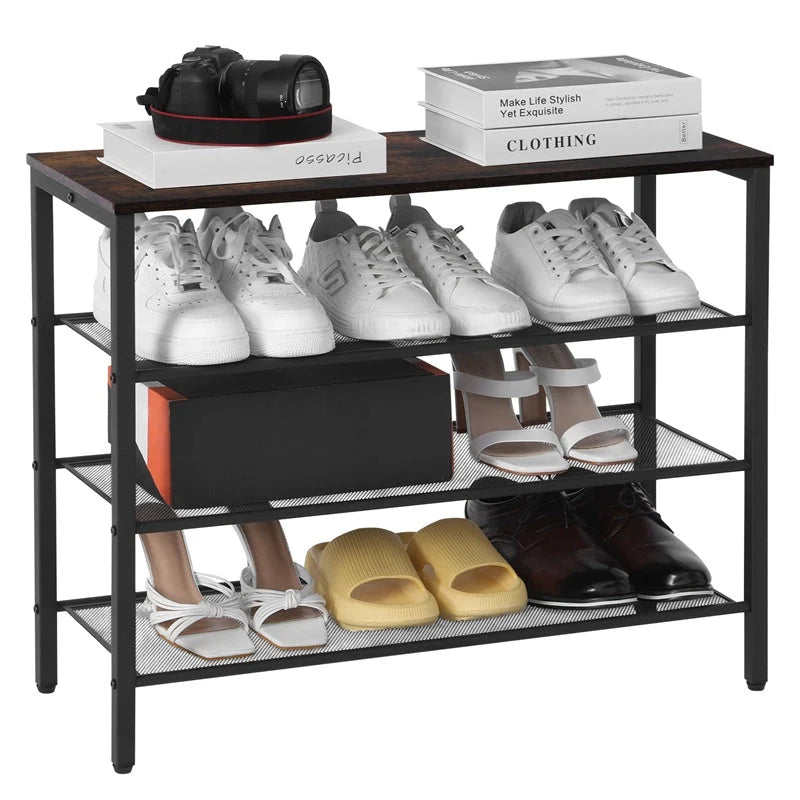 Rustic wooden 4-tier shoe rack with grid design and coat hook for entryway organization