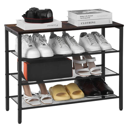 Rustic wooden 4-tier shoe rack with grid design and coat hook for entryway organization