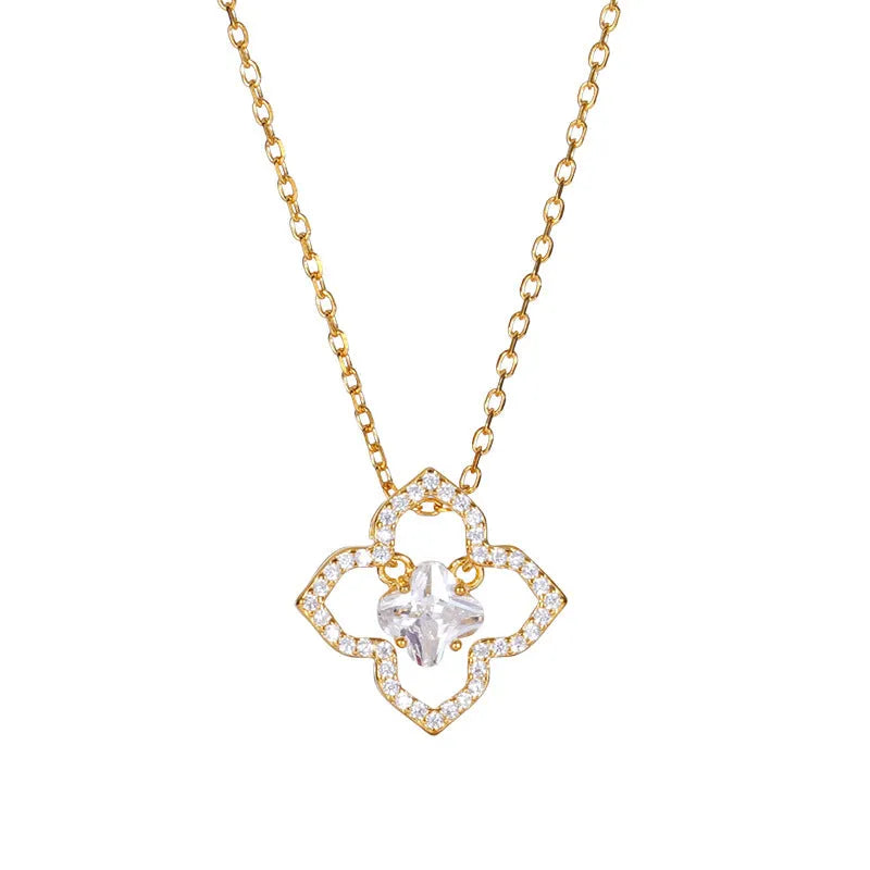 925 silver curb chain collarbone necklace with floral geometric zirconium pendant in platinum colour