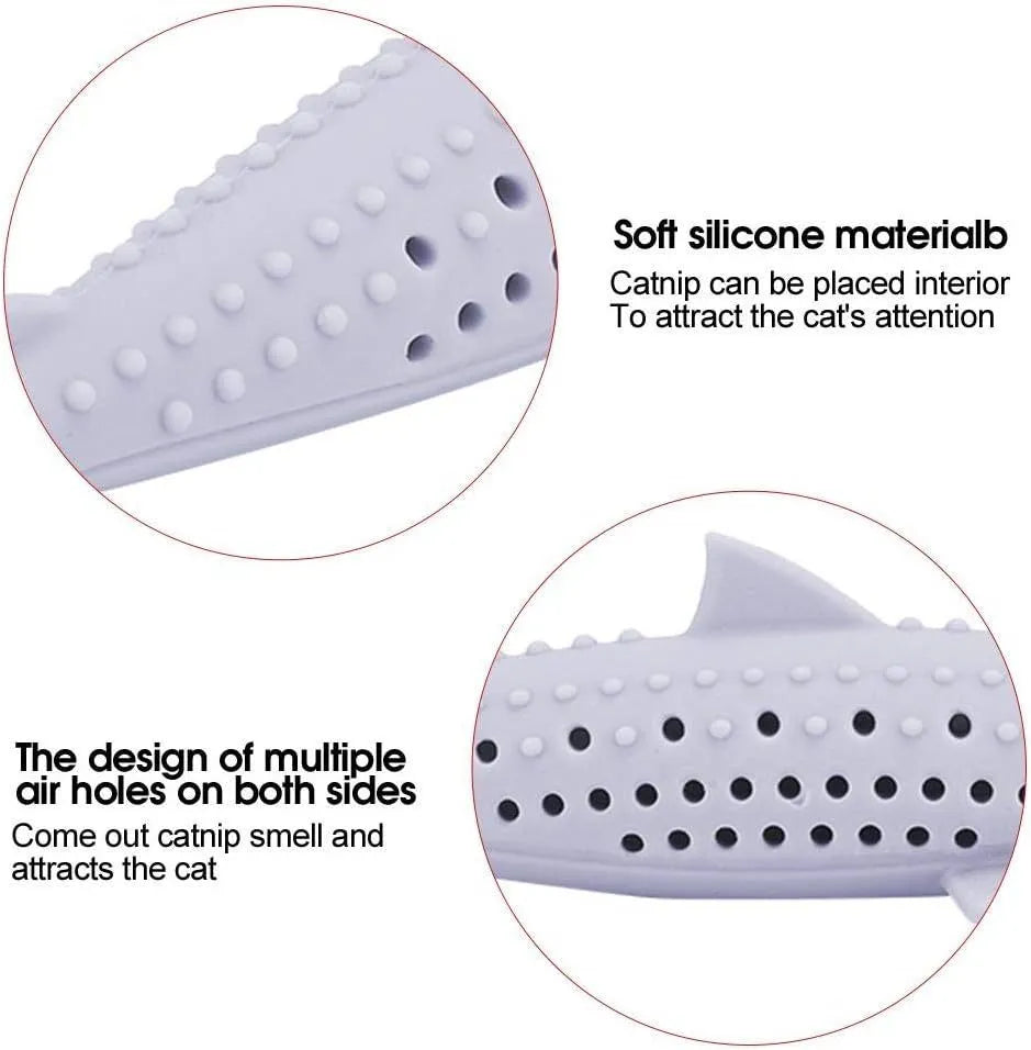 Fish-shaped silicone chew toy for cats with breathable side holes in green colour