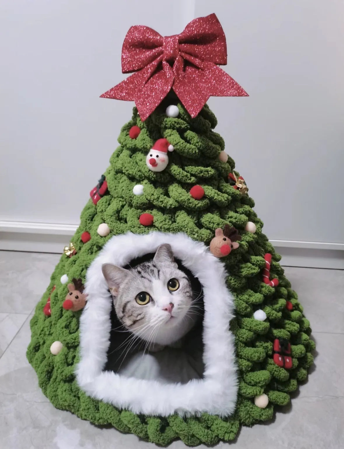 Grey conical felt enclosed cat nest with Christmas handmade design measuring 50cm diameter