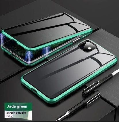 Anti-peep magnetic protective shell with 16-point magnetic closure and 9H hardness glass that provides privacy screen protection and full-body metal frame defence for iPhone models