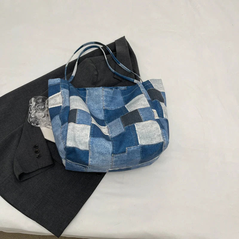 Women's denim tote bag with colour-contrast check design for daily use