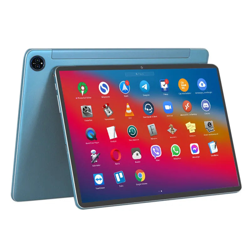 10-inch bare metal blue tablet PC with keyboard leather case open