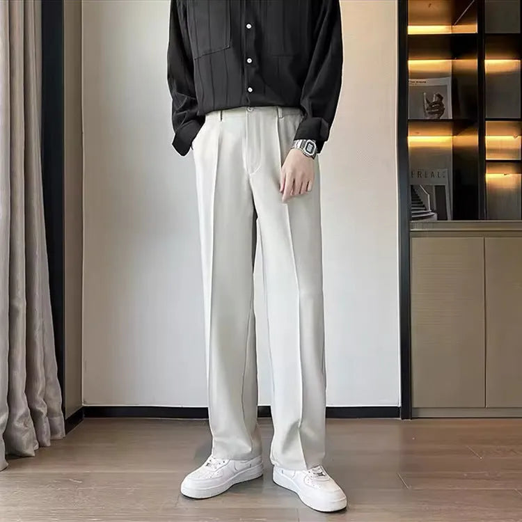 Men's black anti-wrinkle high-waist straight leg suit trousers with polyester fabric