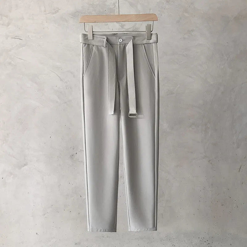 Boys slim straight tapered wool trousers in grey, shown with a straight leg opening.