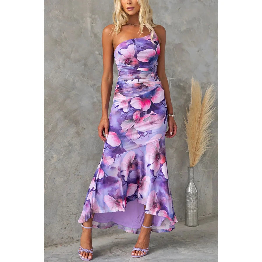 Women's one-shoulder floral print summer dress in purple, red, or sky blue