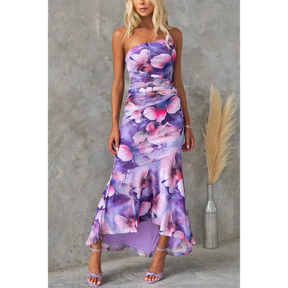 Women's one-shoulder floral print summer dress in purple, red, or sky blue