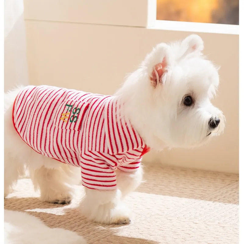 Red striped warm fleece pet clothing for small dogs and cats with two leg openings and embroidered pocket