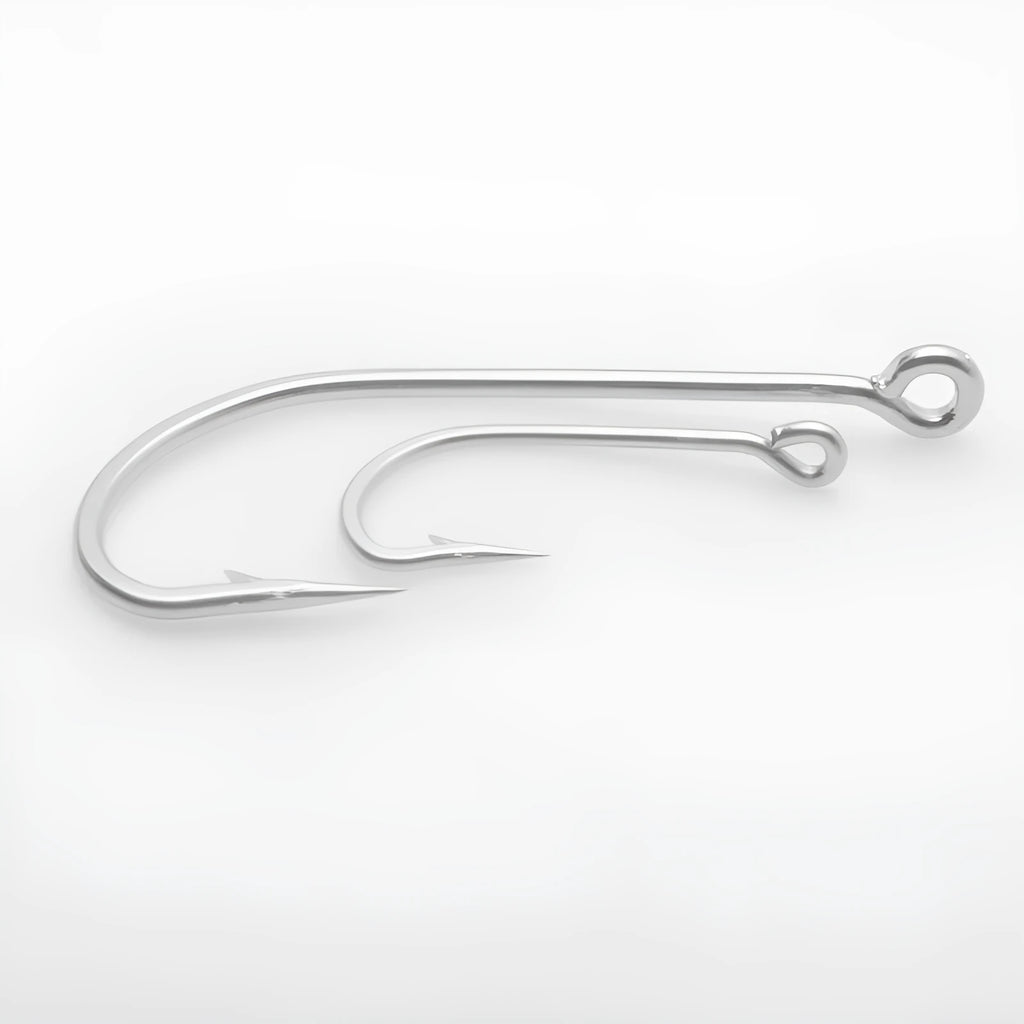 Selection of stainless steel alloy fishing hooks for sea fishing in multiple styles.