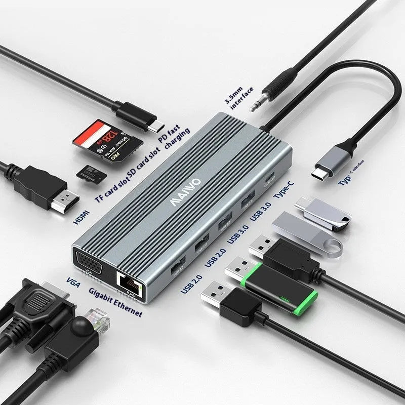 Aluminium alloy Steam Deck six-in-one docking station with USB-C cable and labelled ports for HDMI, Ethernet, and USB.