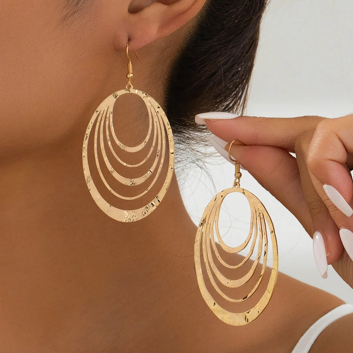 3 Layer Hollow Oval Gold-colour Stainless Steel Drop Earrings for women