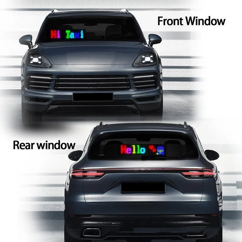 Flexible programmable LED car sign displaying colourful animated text, controlled via smartphone app.