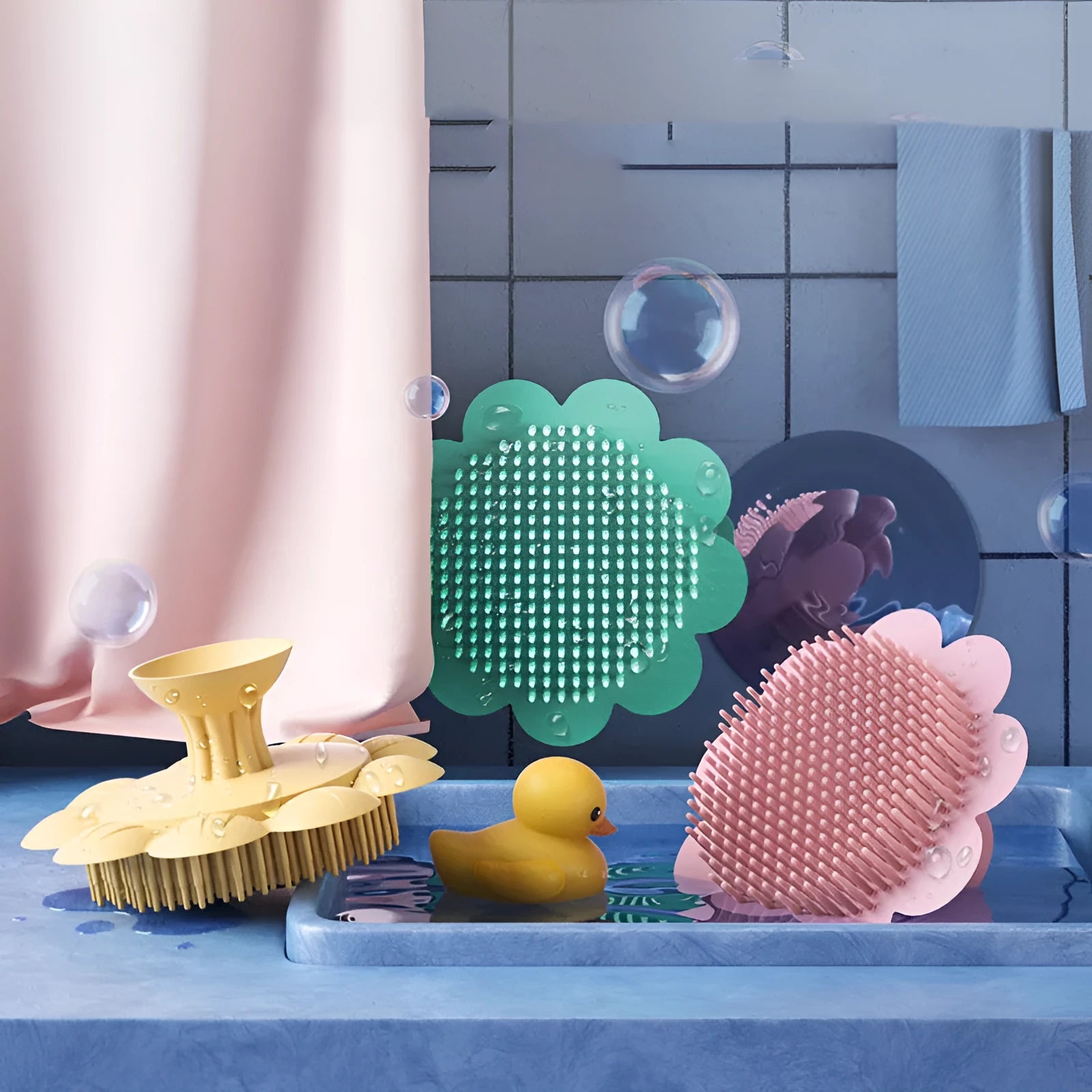 Baby silicone shampoo brush for dandruff removal in cherry blossom pink colour with soft bristles