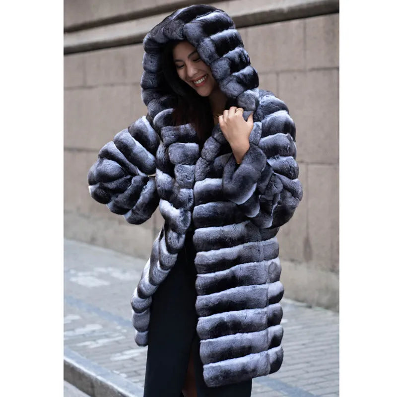 Women's zebra stripe artificial mink fur overcoat, mid-length design with regular sleeves