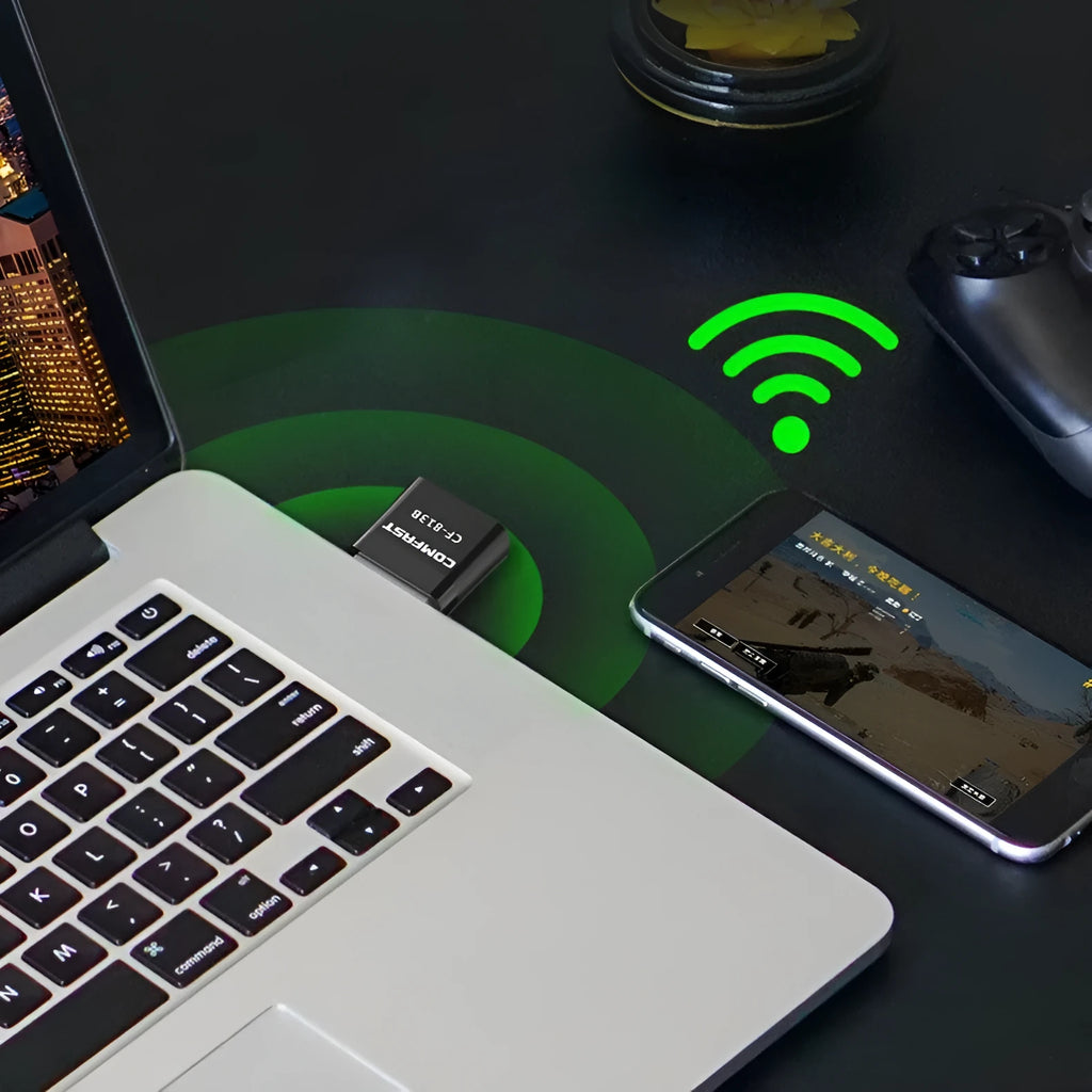 Black nickel-plated USB dual-band WiFi and Bluetooth network adapter with external antenna.