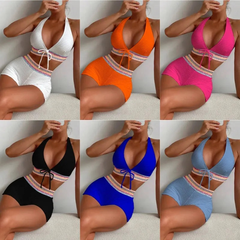 Women's black high waist bikini swimsuit with split style two-piece design