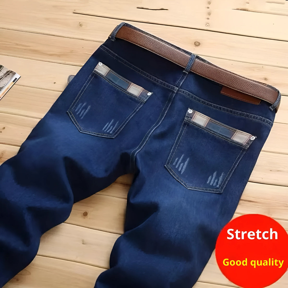 Men's slim-fit stretch skinny pants in dark blue denim, mid-rise, zipper fly