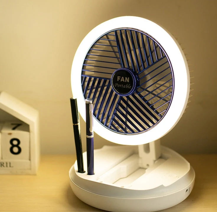 USB charging foldable table fan with LED light and adjustable speeds in grey and blue
