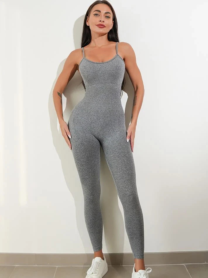 Women's nylon-spandex unitard jumpsuit with tummy control and adjustable spaghetti straps