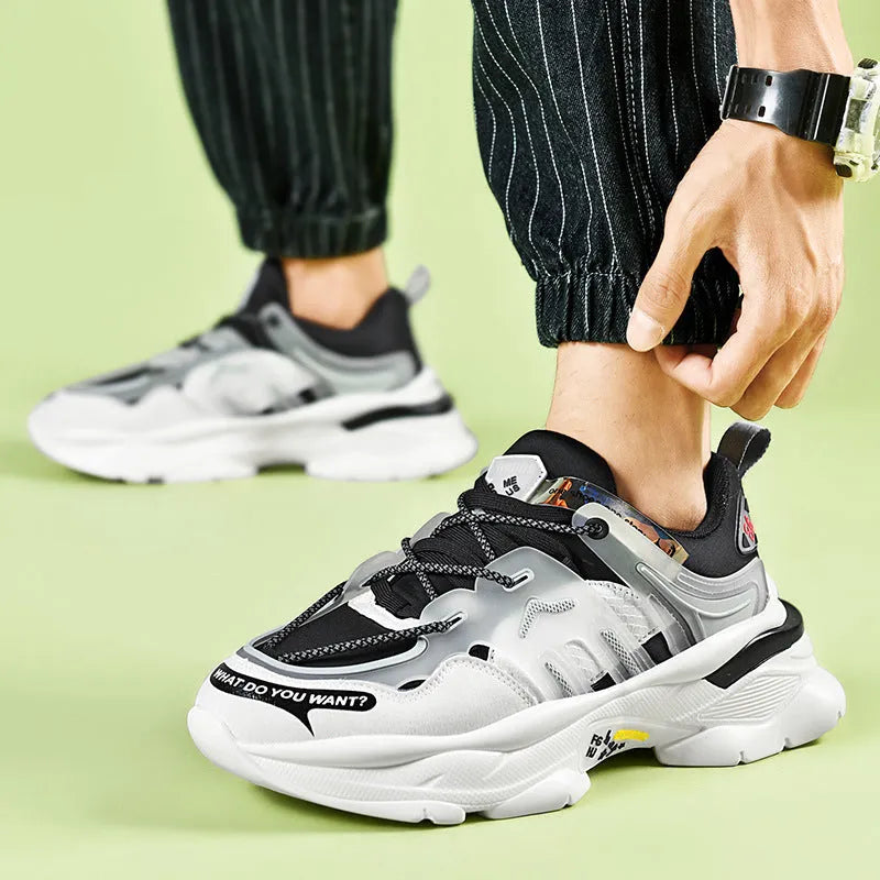 Men's dad shoes Korean style low-top TPU popcorn sole leather upper running sneakers in white and gray