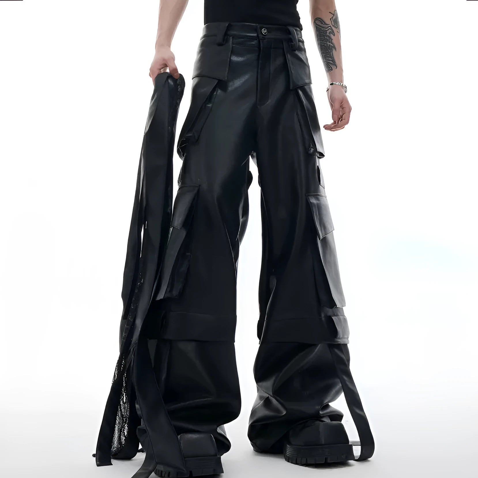Black loose-fit leather-look trousers with multiple pockets, quilted panels, and ribbon trim details.