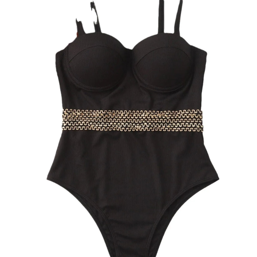 Black one-piece swimsuit for women with a matching hard storage bag featuring an adjustable shoulder strap.