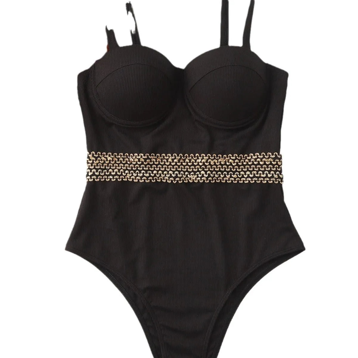 Black one-piece swimsuit for women with a matching hard storage bag featuring an adjustable shoulder strap.