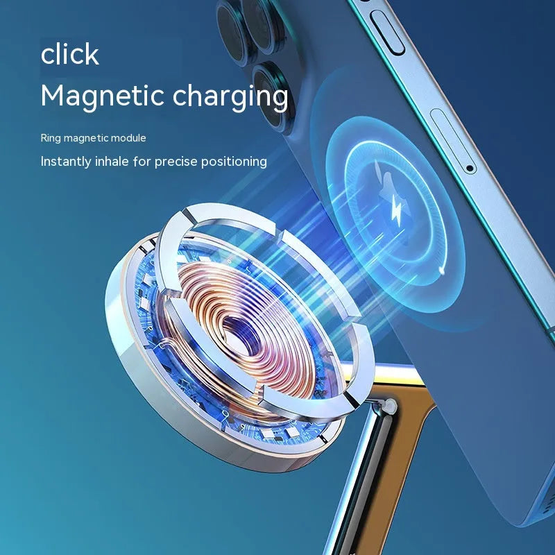 White three-in-one 15W magnetic suction wireless charger for phone earphone and watch on desk