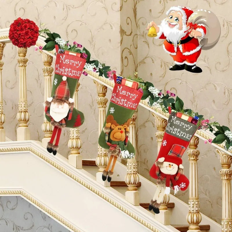 Three large Christmas stockings with Santa, Snowman, and Reindeer 3D applique designs hanging from a mantel