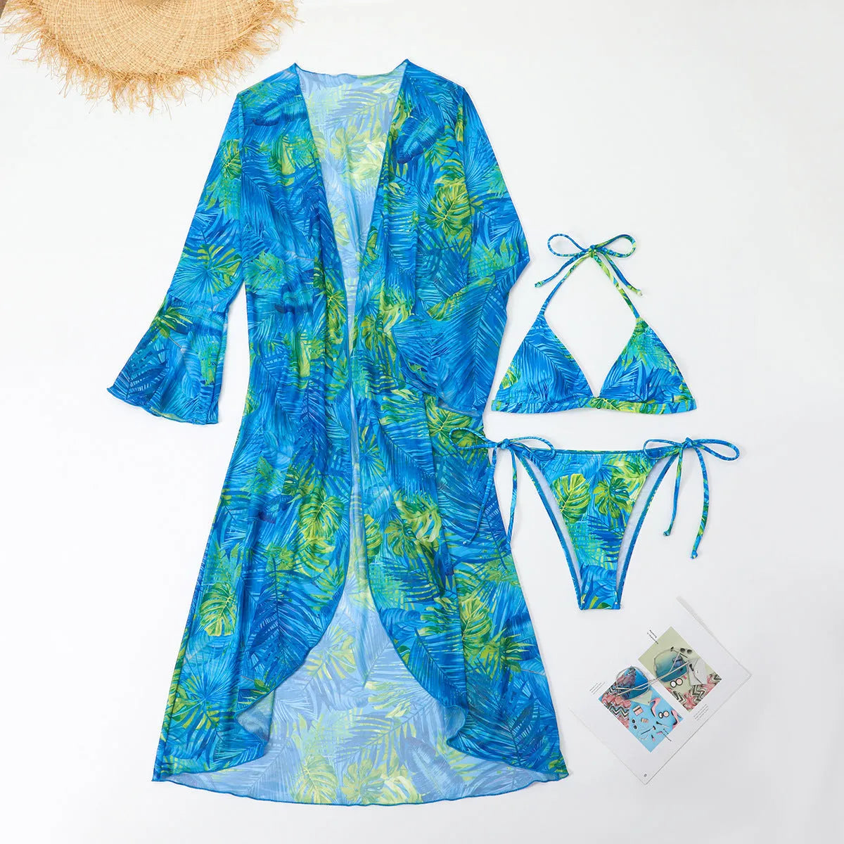 Three-piece split bikini cover beach swimsuit set in printed polyester with spandex lining, available in green flower and blue pattern