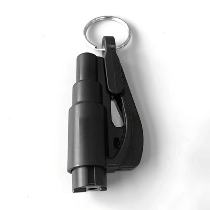 Black self-defence keychain set with alarm, bottle opener, and multiple protection tools