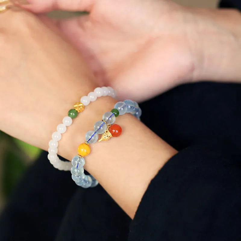 8mm aquamarine crystal bracelet with geometric design and ethnic retro styling in iced aquamarine colour