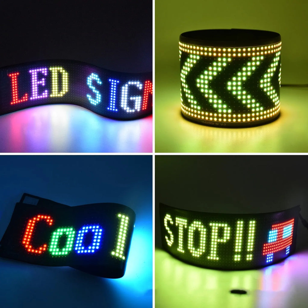 Flexible programmable LED car sign displaying colourful animated text, controlled via smartphone app.