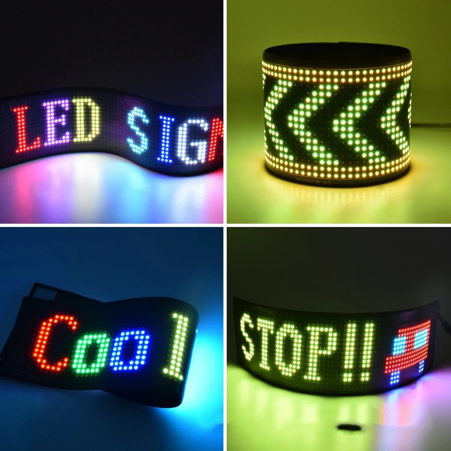Flexible programmable LED car sign displaying colourful animated text, controlled via smartphone app.