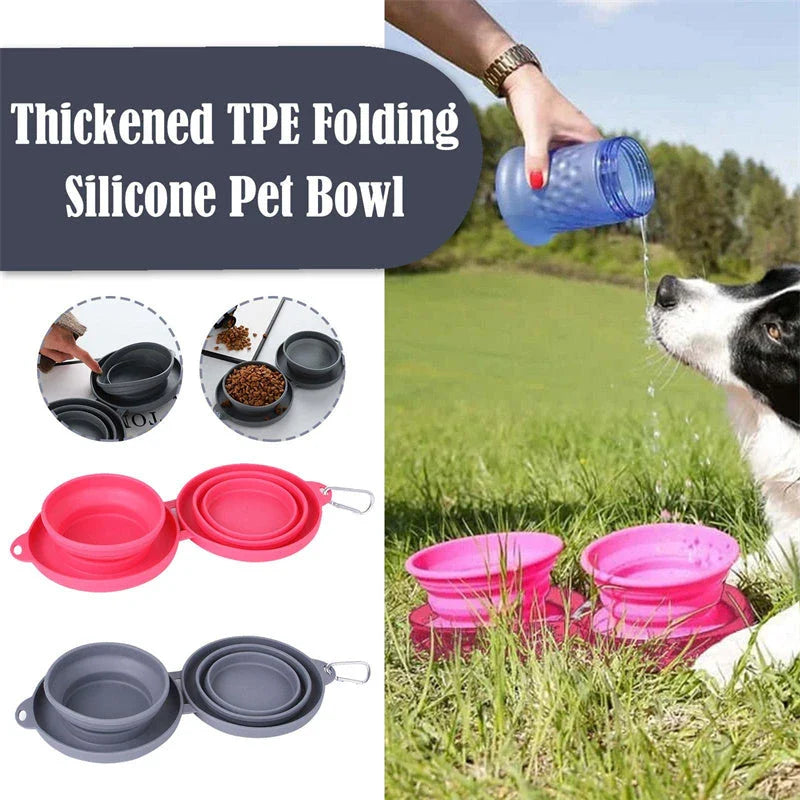 Collapsible double pet bowl with no-spill mat, perfect for travel
