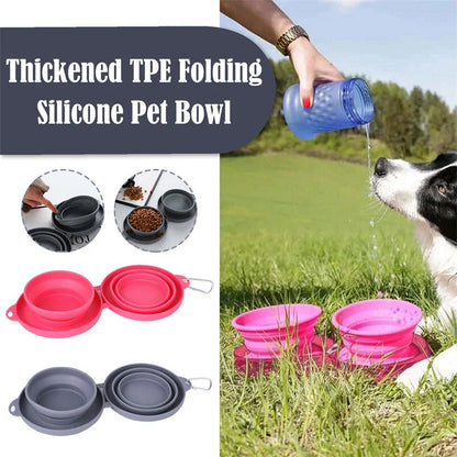 Collapsible double pet bowl with no-spill mat, perfect for travel