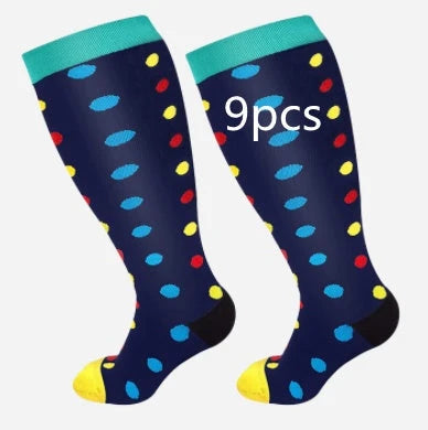 Plus-size compression socks in various stylish patterns for improved leg health and comfort