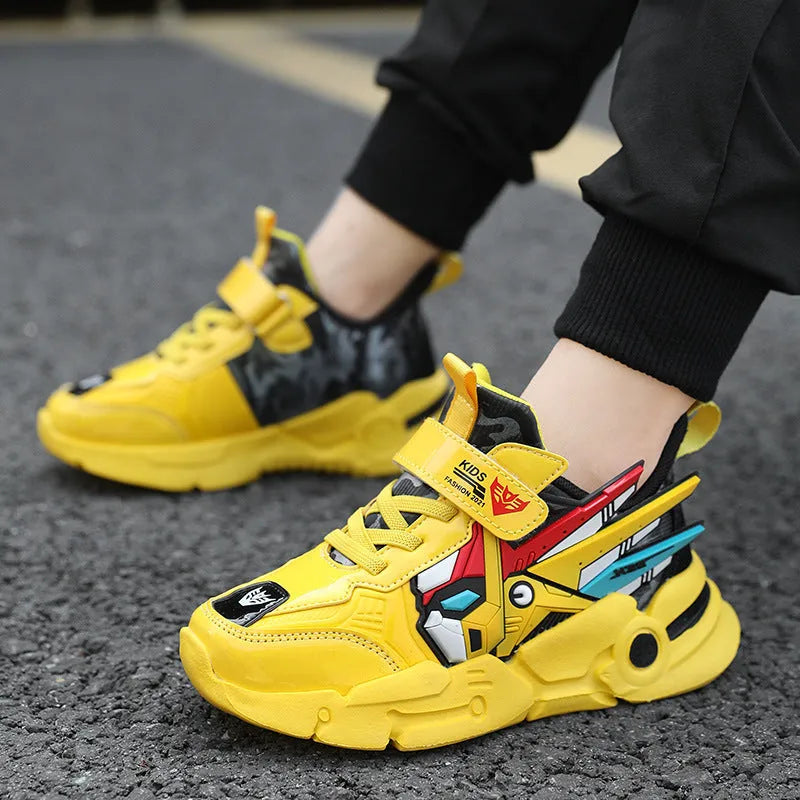 Children's Velcro running shoes in yellow, black red, and lake blue colours with cartoon pattern