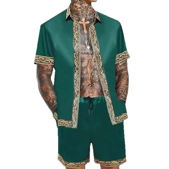 Men's casual loose short sleeve shirt and shorts Hawaii suit in polyester fabric summer set with eight colour options