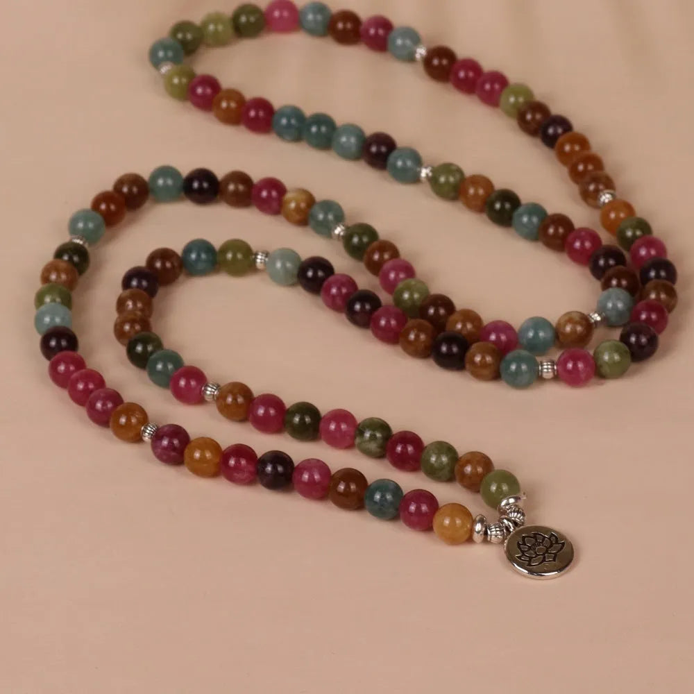 108-bead multi-layer lotus bracelet with alloy construction and tourmaline-coloured beads