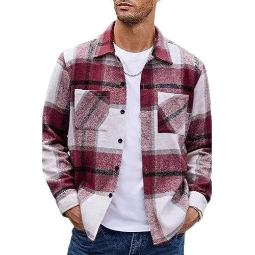 Plaid casual long sleeve shirt jacket in a grid pattern, cotton-polyester blend, cardigan style, available in multiple colours