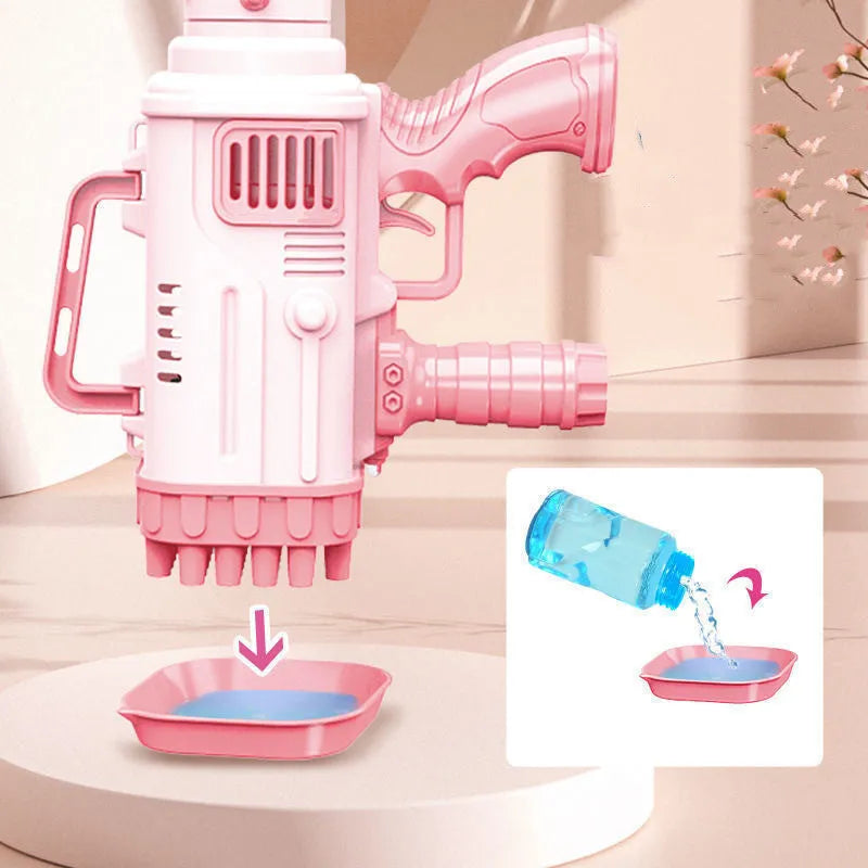 32-hole electric bubble machine in cherry pink or sky blue colours for children's outdoor play