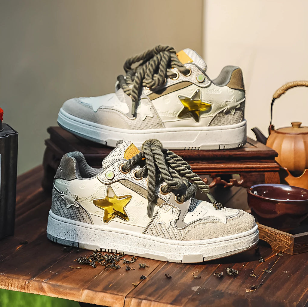 West Lake dragon well tea coloured leather platform running shoes with 3cm heel and lace-up front