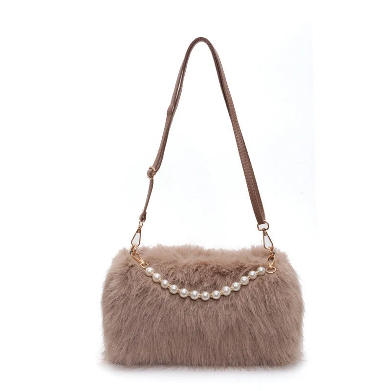 Autumn and winter pearl chain crossbody bag in plush material, available in multiple colours