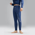 Men's dark blue patterned swim vest and matching swim trunks set on a white background.