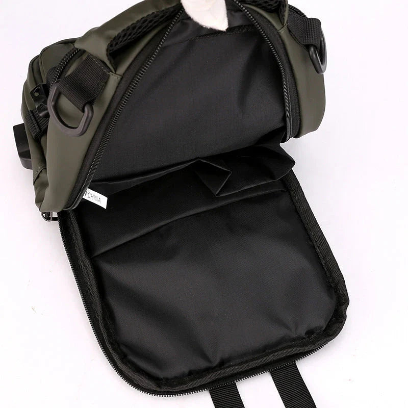 A versatile crossbody backpack for men with multiple pockets and a sleek, square profile for convenient, hands-free carry