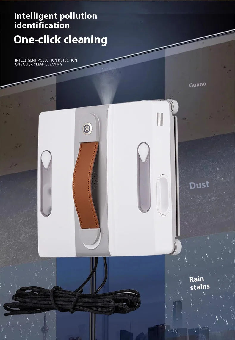 White square window cleaning robot with water spray nozzles on a glass window pane.