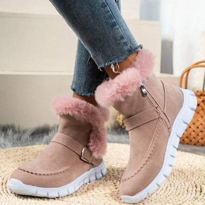 Plush snow boots with suede upper, rubber sole, and artificial fur lining for women's winter wear